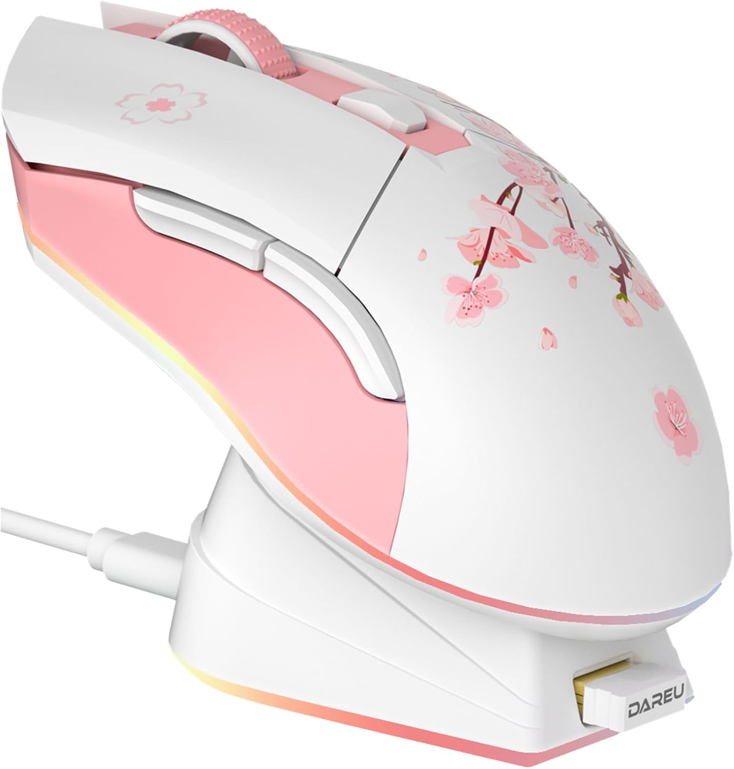 DAREU Sakura Pink wireless gaming mouse with charging dock