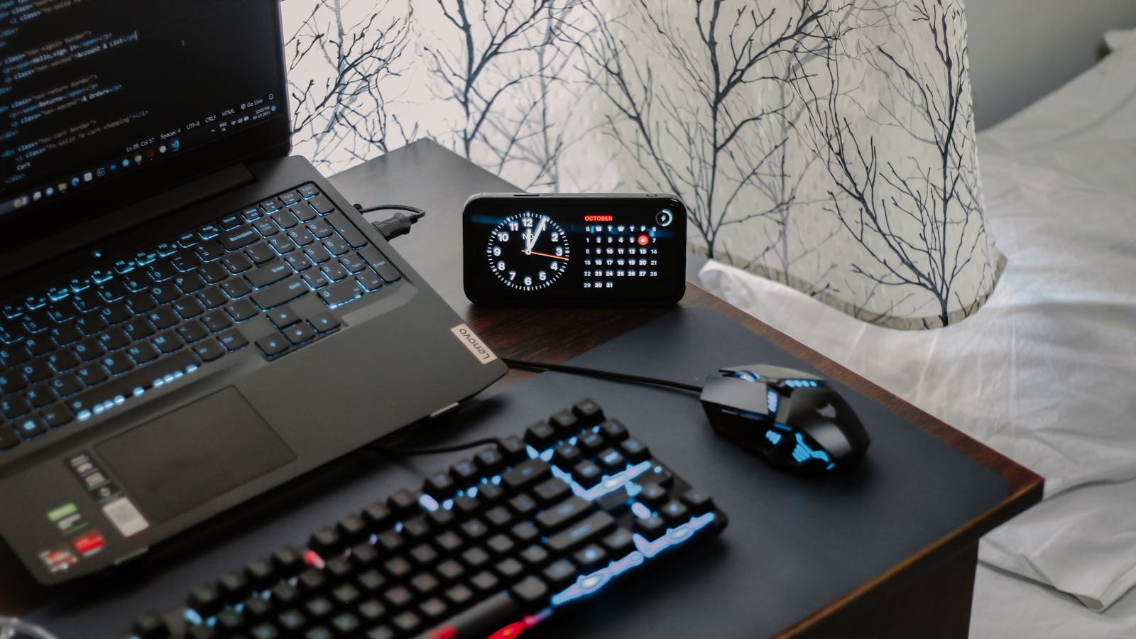 Modern home office desk setup with a laptop and accessories